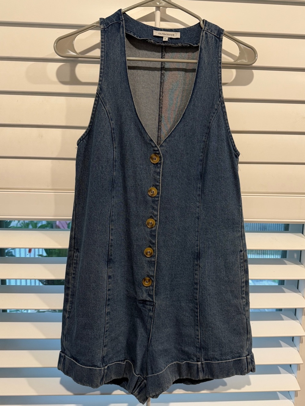 Olivaceous Denim Button Romper in Dark Blue